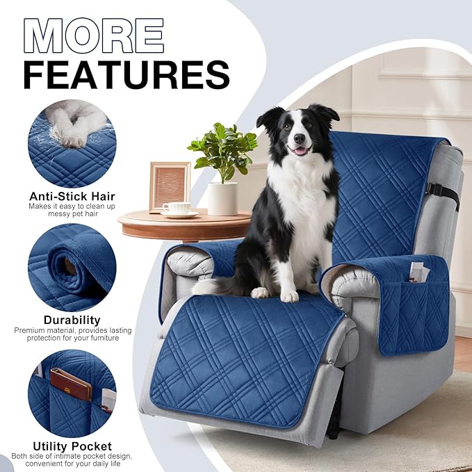 TAOCOCO 100% Waterproof Recliner Chair Cover, Thickness Recliner Covers That Stay in Place, Reclining Chair Cover Furniture Protector for Kids, Pets(23.6'', Dark Blue-Velvet)