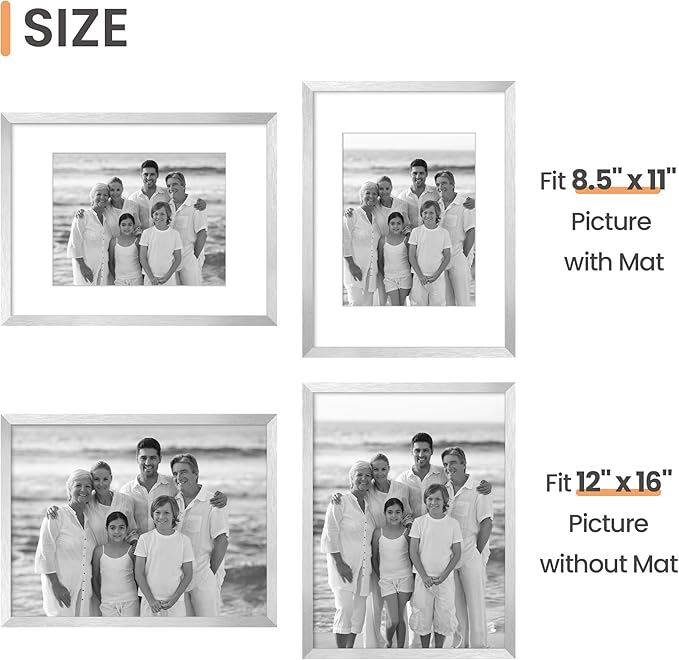 upsimples 12x16 Picture Frame, Display Pictures 8.5x11 with Mat or 12 x 16 Without, Wall Hanging Poster Frames, Silver, 1 Pack