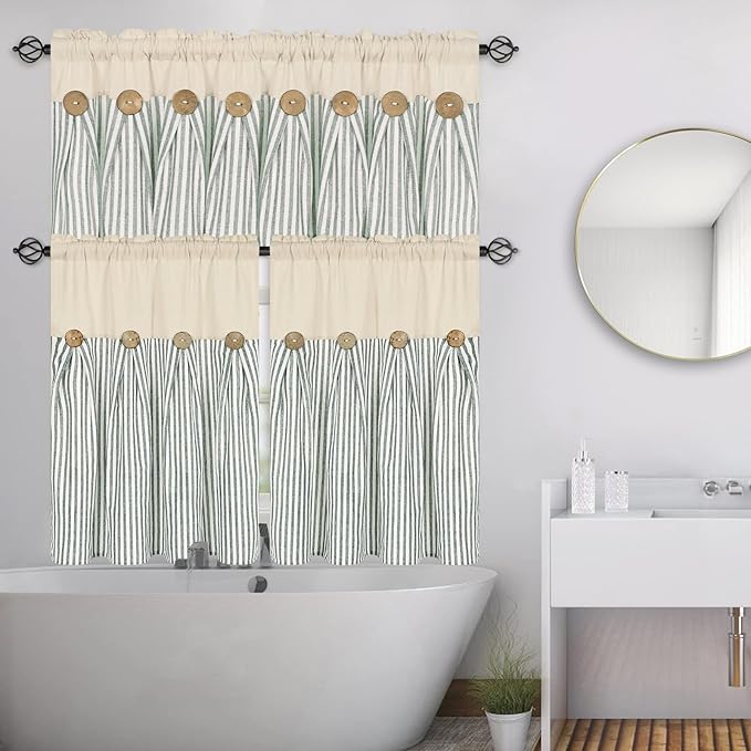 ASPMIZ Cotton Linen Kitchen Curtains 36 Inch Length, Farmhouse Rod Pocket Short Curtains for Window, Green Stripe Small Window Curtain Boho Rustic Button Window Treatment Tiers for, Cafe, 2 Pannels