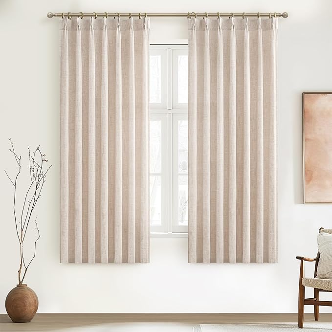 Natural Linen Small Kitchen Curtains 54 Inches Long 2 Panels Sets, Light Filtering Memory Trained Pinch Pleated Cream Privacy Boho Semi Sheer Bay Windows Drapes Elegant Decor with Hook Ring 40"Wx54"L