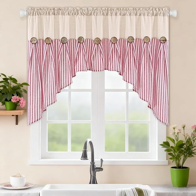 ASPMIZ Farmhouse Cotton Linen Swag Valances for Windows, Boho Rustic Kitchen Curtains Valances with Buttons, Red Striped Window Treatments Curtain Valance for Bathroom Cafe, 61 x 36 Inch, 1 Panel