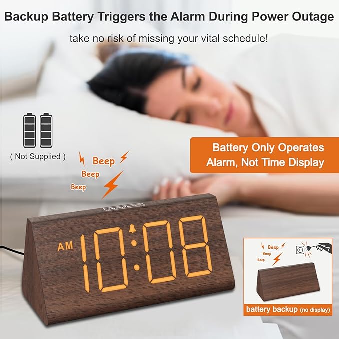 DreamSky Wooden Digital Alarm Clocks for Bedrooms - Electric Desk Clock with Large Numbers, USB Port, Loud Alarm for Heavy Sleepers, Adjustable Volume, Dimmer, Snooze, DST, Wood D??cor, Adapter Powered