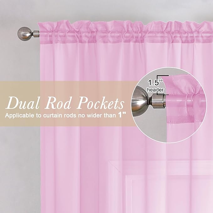 Lecloud Light Pink Sheer Curtains 54 Inch Length 2 Panels, Voile Airy Drapes for Bedroom Windows, Light Filtering Elegant Tulle Curtains Dual Rod Pocket, Each Panel 42 X 54 Inch