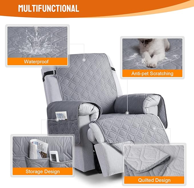 VANSOFY 100% Waterproof Recliner Chair Covers, Recliner Cover Non-Slip Dog Chair Cover Furniture Protector Washable Slipcover with Pocket, Elastic Straps for Pets, Dogs(Light Gray, 28")