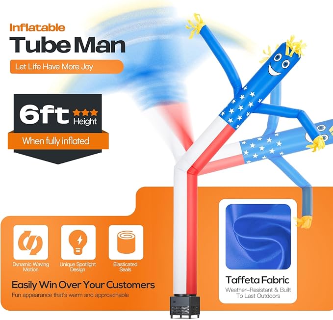 6ft Sky Air Puppet Dancer Inflatable Waving Tube Man with Lights & Built-in Blower - Wacky Waving Wind Flying Dancing Tube Guy for Business Promotion Stand Out Advertising