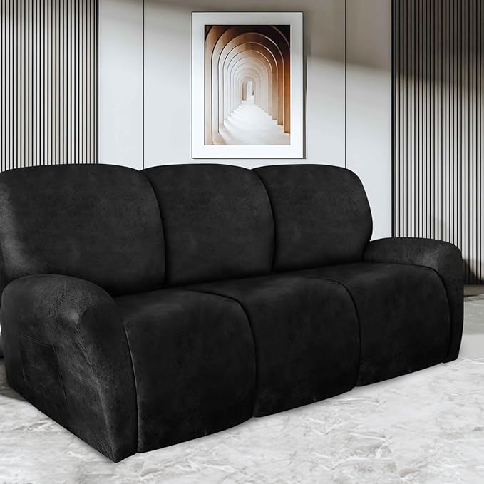ANARACHON Recliner Couch Cover Leather Look Recliner Sofa Covers for 3 Cushion Reclining Sofa Slipcovers 8-Pieces Furniture Protector Spandex Fabric Washable (3 Seater, 02 Black)
