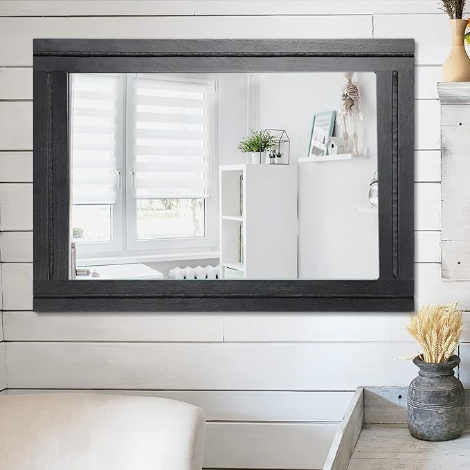 AAZZKANG Wood Framed Mirror Rectangular Mirrors for Wall Black Large 26"x18" Decorative for Bedroom Living Room Bathroom Home Entyway Hanging
