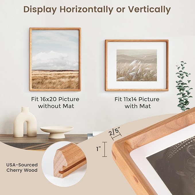 16 x 20 Picture Frame, USA-Sourced Cherry Wood Photo Frames with HD Tempered Glass, Handcrafted Rounded Corner 16x20 Wooden Frames Matted to 11x14 Photos, Horizontal or Vertical Wall Display