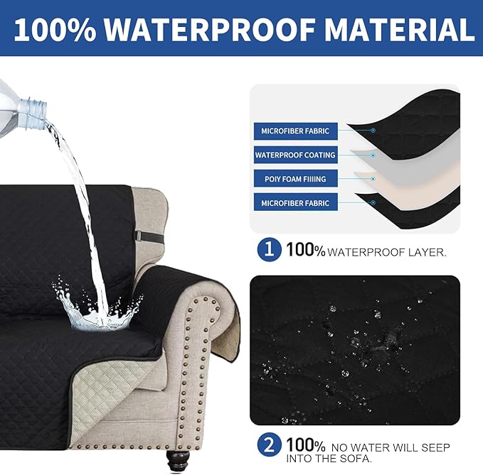XINEAGE Oversized Sofa Cover Waterproof Couch Covers for 3 Cushion Couch, Soft Washable Slipcover with Pockets & Non-Slip Elastic Straps, Dog Pets Proof Thick Furniture Protector (XL-Sofa, Black)