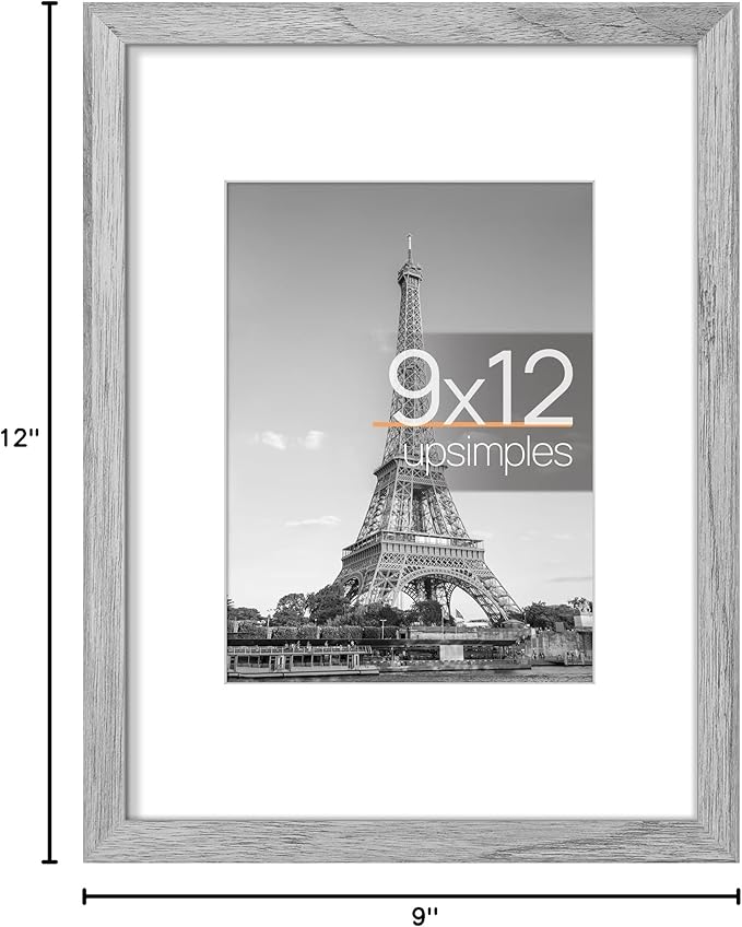 upsimples 9x12 Picture Frame, Display Pictures 6x8 with Mat or 9 x 12 Without, Wall Hanging Photo Frames, Gray, 1 Pack