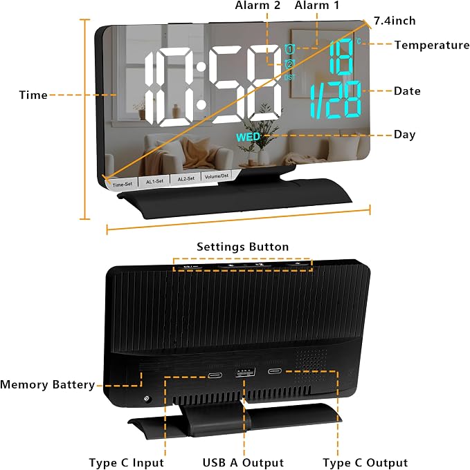 SZELAM Digital Clock,Alarm Clock Bedside,7.3'' Large LED Mirror with Date - Image 2