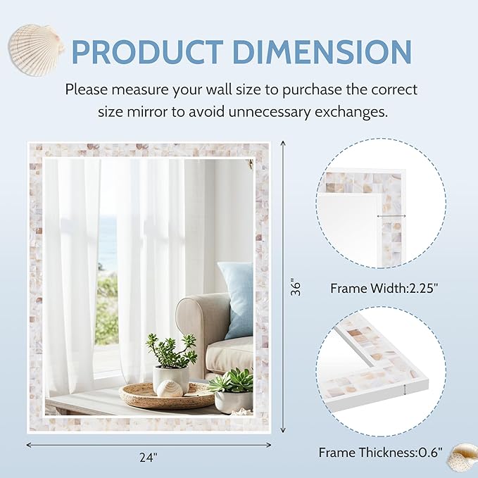 Tanmicoshomy Brown Shell Framed Rectangular Wall Mirrors for Bathroom, 30x36 Inch Mosaic Mirror for Bedroom Living Room or Entryway, Wall Mounted Horizontal or Vertical Hanging