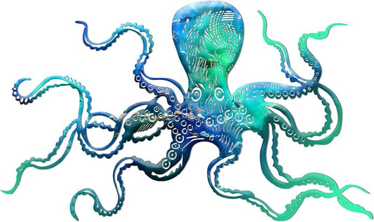 Zhengmy Octopus Metal Wall Art Octopus Wall Decor 18 x 11 Inch Extra Large Tropical Nautical Hanging Sculpture Beach Ocean Theme Home Bedroom Decoration Summer Gifts(Ocean Blue)