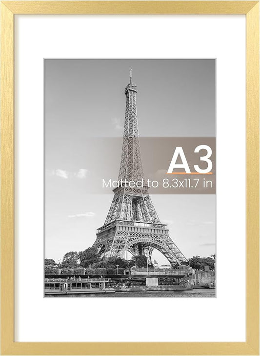 upsimples A3 Picture Frame, Display Pictures 8.3x11.7 with Mat or 11.7 x 16.5 Without, Wall Hanging Poster Frames, Gold, 1 Pack