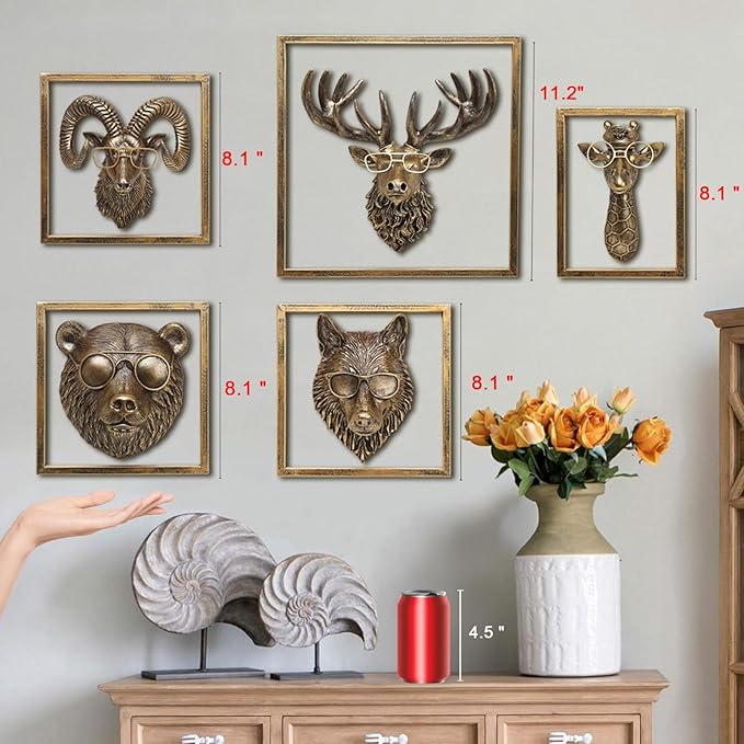 JJALIGHTS Animal Heads Wall Decor Resin Animals Sculptures Head Wall Hanging Decoration Imitation Copper vintage Wall Sculpture for Living Room Bedroom Office(Deer,include metal frames)
