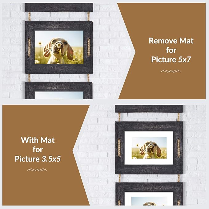 DLQuarts 5x7 Hanging Collage Picture Frames Wall Decor, 4-Opening 5x7 Matted to 3.5x5 Photo Rustic Wood Frame with Hemp Rope, 2 Pack, Weathered Black
