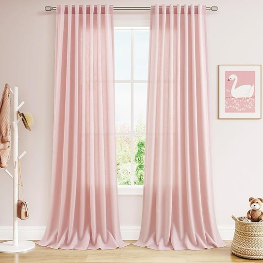 Nanspring Pink Linen Curtains 108 Inches Long for Baby Girl Bedroom 2 Panels Set Extra Long Back Tab Curtain Light Filtering Semi Sheer Pink Drapes Floor to Ceiling Curtains for Large Windows 52x108