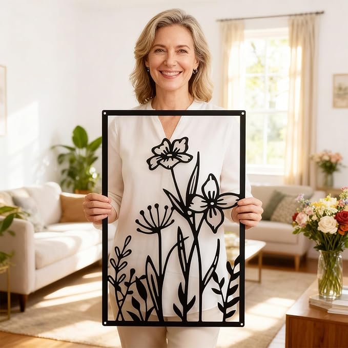 Sokurdeg Black Metal Flowers Wall Decor, Minimalist Floral Metal Wall Hanging Art, Black Abstract Rustic Flower Line Wall Sculptures for Bedroom Bathroom Living Room (4 Pcs, 15.7 x 22.5 in)