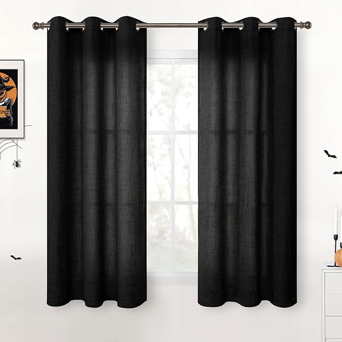 YoungsTex Black Linen Curtains 48 Inch Length for Short Window, Light Filtering Semi Sheer Drapes with Bronze Grommet Privacy for Bathroom Living Room, 42 x 48 Inch, 2 Panels