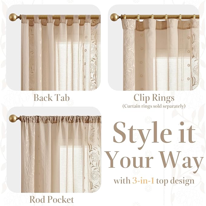 jinchan Winslow Sheer Curtains 96 Inch for Bedroom Living Room Embroidered Bordered Floral Nursery Curtains for Playroom Light Filtering, Ivory on Beige, 2 Panels, 50W x 96L