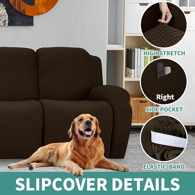 YEMYHOM 4 Pieces Stretch Recliner Slipcover Latest Jacquard Recliner Chair Cover with Side Pocket Anti-Slip Fitted Recliner Cover Couch Furniture Protector with Elastic Bottom (Recliner, Dark Coffee)