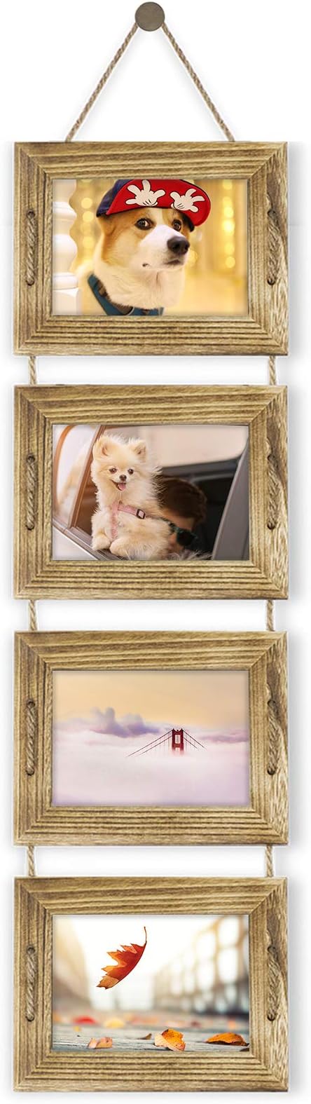 DLQuarts 5x7 Hanging Picture Frames Collage Wall Decor, 4-Opening 5x7 Matted to 3.5x5 Photo Rustic Wood Frame with Hemp Rope, 1 Pack, Carbonized Brown