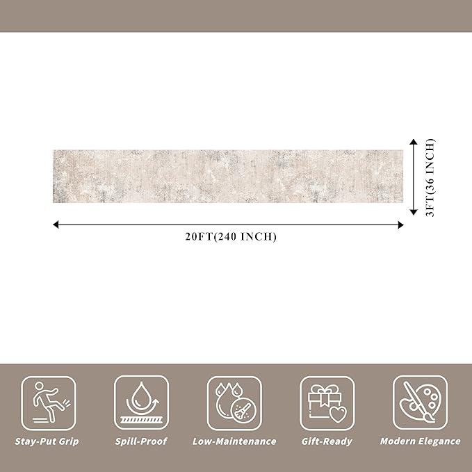 3x20 ft Extra Long Hallway Runner Rug - Non-Slip Washable Floor Runner with Rubber Backing, Modern Low Pile Thin Wide Carpet for Entryway, Kitchen, Living Room (Beige Grey, 3x20)