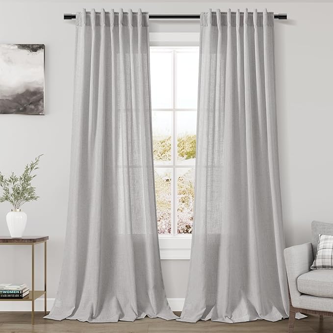 Nanspring Grey Linen Back Tab Curtains 84 Inch Length for Living Room 2 Panel Set Neutral Modern Farmhouse Window Privacy Semi Sheer Linen Drapes Rustic Pinch Pleated Look Curtain 52x84