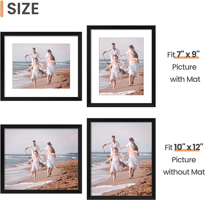 upsimples 10x12 Picture Frame, Display Pictures 7x9 with Mat or 10 x 12 Without, Wall Hanging Photo Frames, Black, 1 Pack