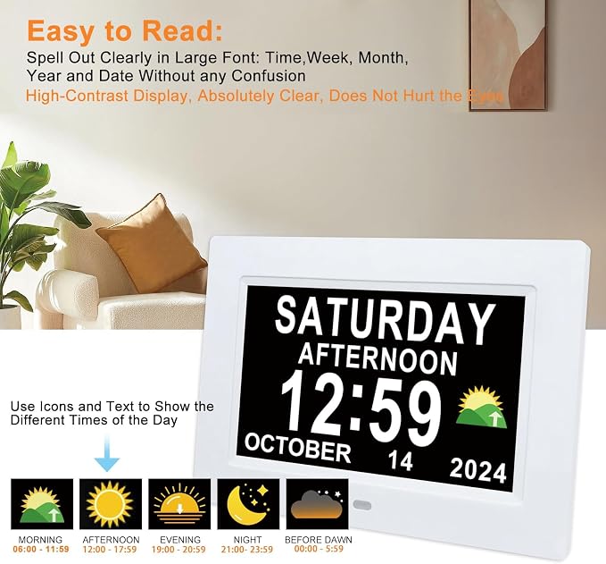 SSINI Digital Calendar Dementia Alarm Clock with Day and Date for Elderly - 15 Alarms 5 Colors Display Digital Clock Large Display Alzheimers Large Digital Clock for Seniors (7in White) - Image 2