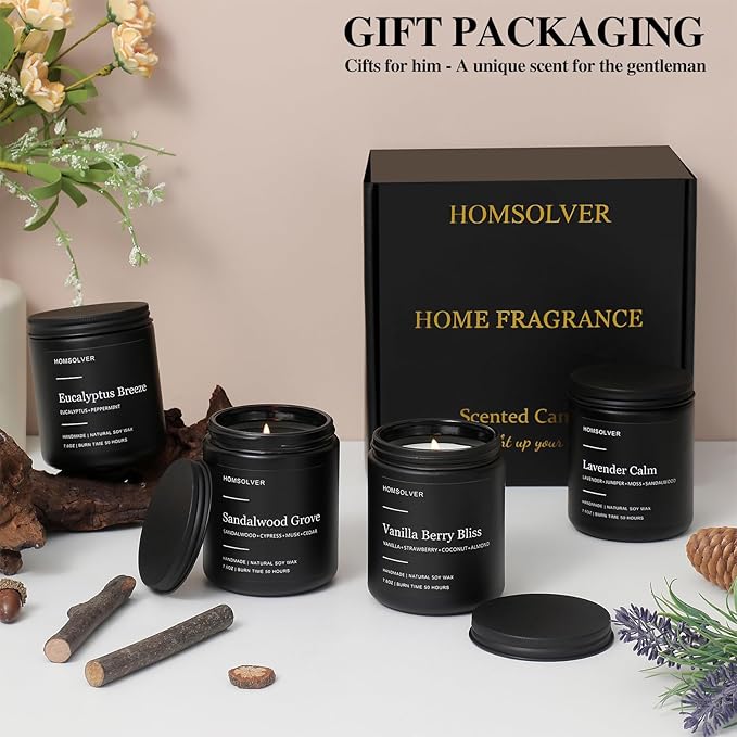 Homsolver Set of 4 Scented Candles for Home Decor, Candle Gifts for Dad Men Him, 200Hours Burn Tine, Vanilla, Lavender, Sandalwood, Eucalyptus Scented with Black Jar