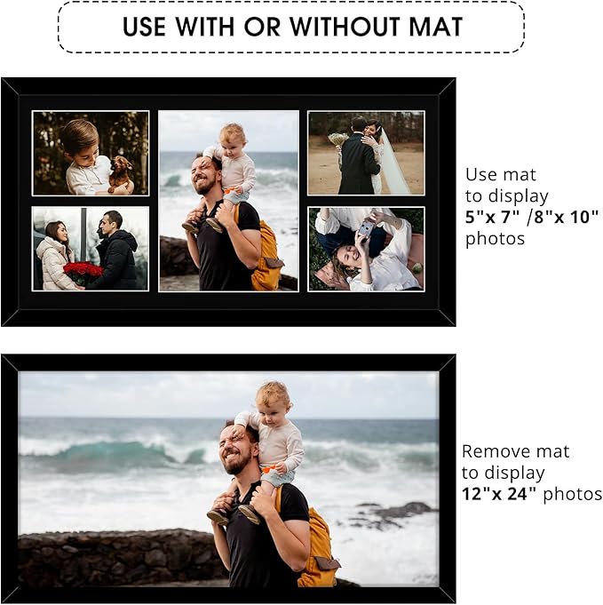 Golden State Art, 12x24 Black Wood Picture Frame - Black Mat for 8x10 and 5x7 Photos - Real Glass, Sawtooth Hanger, Swivel Tabs - Wall Mounting - Great for Posters, Weddings, and Engagements