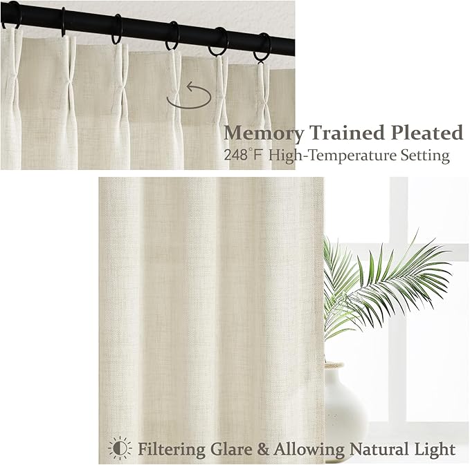 Cream Beige Linen Sheer Curtains 90 Inches Long for Dining Room 2 Panels Set, Pinch Pleated Light Filtering Nursery Curtain with Back Tab Ceiling Track Thick Privacy Drapes for 40 x 90 Inch Windows