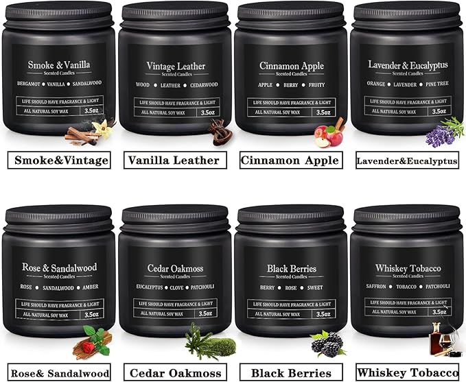 Manly Scented Candles for Men, 8 Pack Soy Candles for Home Scented, Up to 250H Burning, Aromatherapy Candle Set, Masculine Mens Candle Gift Set for Father Boyfriend Him, Birthday Valentine's Day Gifts