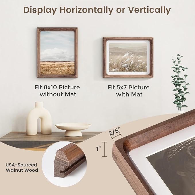 8x10 Picture Frame Set of 2, USA-Sourced Walnut Wood Photo Frame with HD Tempered Glass, Handcrafted Rounded Corner 8 x 10 Wooden Frames Matted to 5x7 Photos, 8x10 Frames, Tabletop or Wall Display