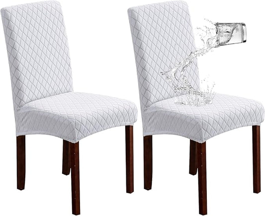 Genina Waterproof Chair Covers for Dining Room, Stretch Jacquard Dining Chair Slipcovers Removable Washable Chair Protector for Kitchen, Parsons (Argyle-White, 2 PCS)