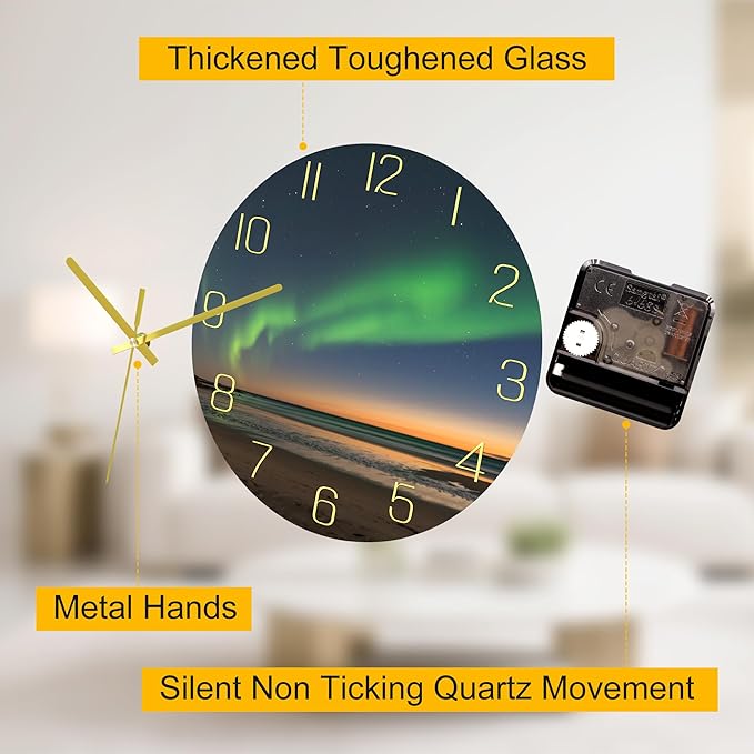VIKMARI 10 Inch Modern Wall Clock, Aesthetic Black and Gold Decor Accessories, Unusual Silent Non Ticking Aurora Clocks for Living Room/Kitchen/Bedroom/Bathroom/Office (Glass)
