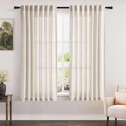 Beige Linen Textured Curtains 2 Panels Set 60 Inches Long for Living Room Bedroom Short Semi Sheer Light Filtering Back Tab Rod Pocket Drapes Half Privacy Protected Curtain for Farmhouse W52xL60