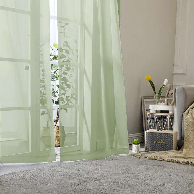Lecloud Light Green Sheer Curtains 90 Inches Long 2 Panels, Modern Light Filtering Breathable Curtain, Gauzy Stylish Home Decor Drapes with Rod Pocket for Living Room Bedroom, Each 42" W x 90" L