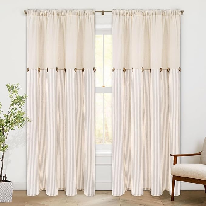 ASPMIZ Cotton Linen Curtains for Living Room, Rod Pocket & Back Tab Boho Curtains for Bedroom, Country Farmhouse Striped Curtain with Rustic Buttons, Home Decor, Khaki, 52 x 84 Inch, 2 Panels