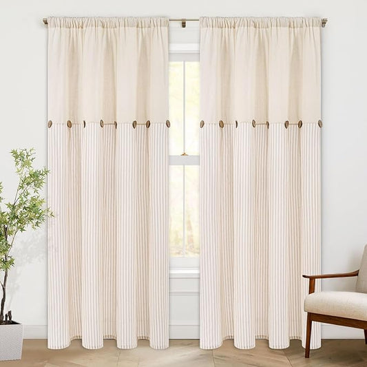 ASPMIZ Cotton Linen Curtains for Living Room, Rod Pocket & Back Tab Boho Curtains for Bedroom, Country Farmhouse Striped Curtain with Rustic Buttons, Home Decor, Khaki, 52 x 84 Inch, 2 Panels