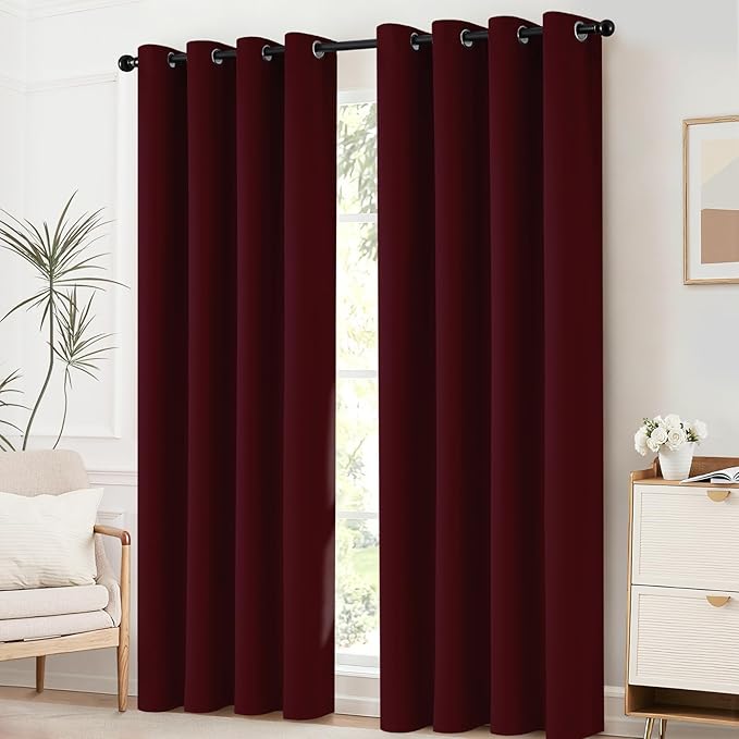Yakamok Thermal Insulated Grommet Blackout Curtains with 2 Ties for Bedroom/Living Room, Room Darkening Curtain for Kitchen (52Wx96L, Wine Red, 2 Panels)