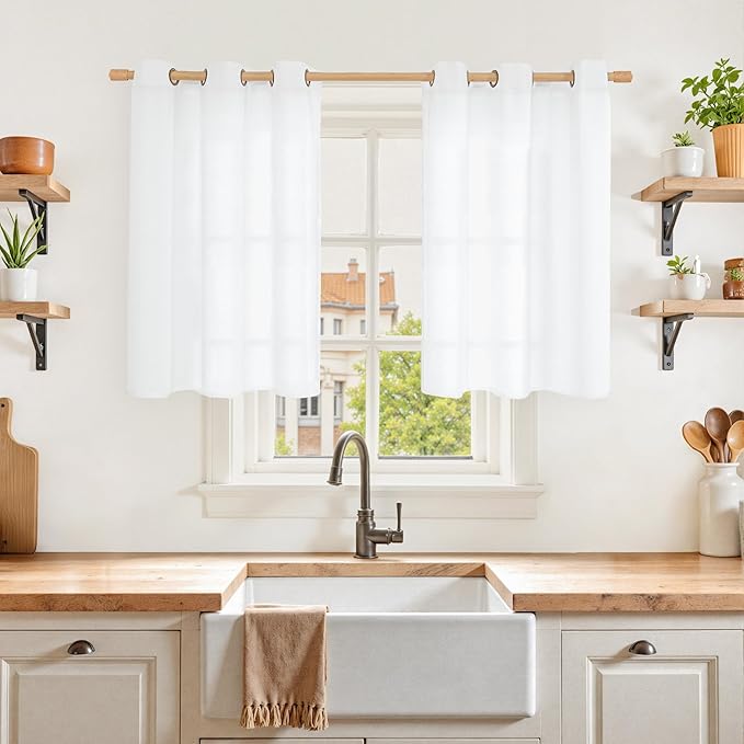 YoungsTex White Linen Curtains 36 Inch Length for Kitchen Window, Short Drapes Light Filtering with Bronze Grommet for Bathroom Bedroom Decorative, 42 X 36 Inch