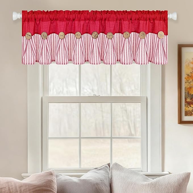 ASPMIZ Farmhouse Cotton Linen Valances for Windows, Boho Kitchen Curtains Valances with Rustic Button, Red Striped Window Treatments Curtain Valance for Bathroom Cafe, 60 x 14 Inch, 1 Pannel