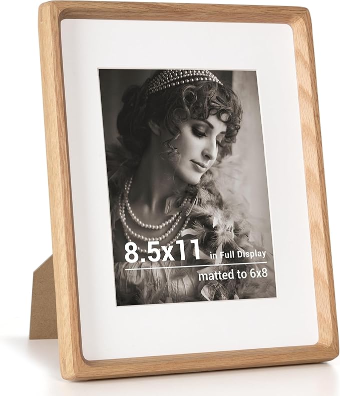 8.5 by 11 Picture Frame, USA-Sourced Oak Wood Photo Frames with HD Tempered Glass, Handcrafted Rounded Corner 8.5 x 11 Wooden Frames Matted to 6x8 Photos, 8.5x11 Frame, Tabletop or Wall Display