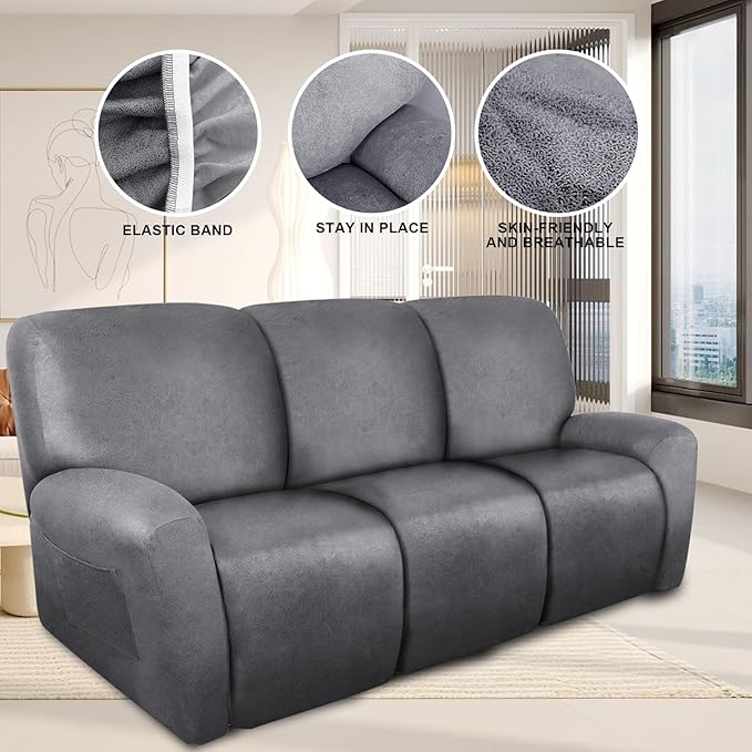 ANARACHON Recliner Couch Cover Leather Look Recliner Sofa Covers for 3 Cushion Reclining Sofa Slipcovers 8-Pieces Furniture Protector Spandex Fabric Washable (3 Seater, 01 Light Grey)