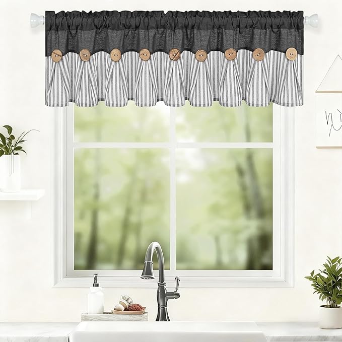 ASPMIZ Farmhouse Cotton Linen Valances for Windows, Boho Kitchen Curtains Valances with Rustic Button, Black Striped Valance Window Topper Treatment Tiers, Window Valances for Bathroom, 60 x 14 Inch