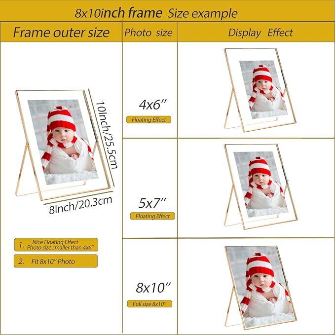 Gold 8x10 Floating Frame 2 Pack,For Photo Sizes(4x6'',5x7'',6x8'') Adjustable Tabletop/Shelf Floating Picture Frame 5x7'',Classy Gift Choice for Wedding,Christmas,Home or Office Decor