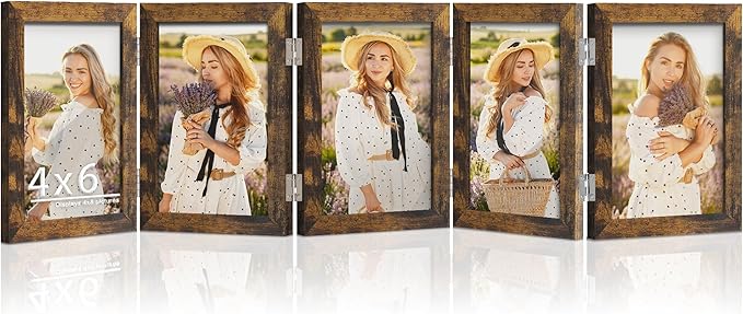 5 Folding 4x6 Picture Frame Horizontal Engineered Wood Accordion Photo Frame with Plexiglass Tabletop Bookshelf Display Brown