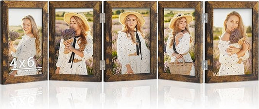 5 Folding 4x6 Picture Frame Horizontal Engineered Wood Accordion Photo Frame with Plexiglass Tabletop Bookshelf Display Brown